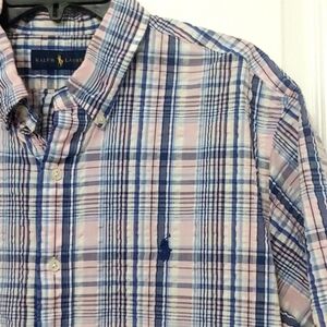 Ralph Lauren Seersucker Pastel Plaid Short Sleeve Shirt. Size XL. Pink/Blue